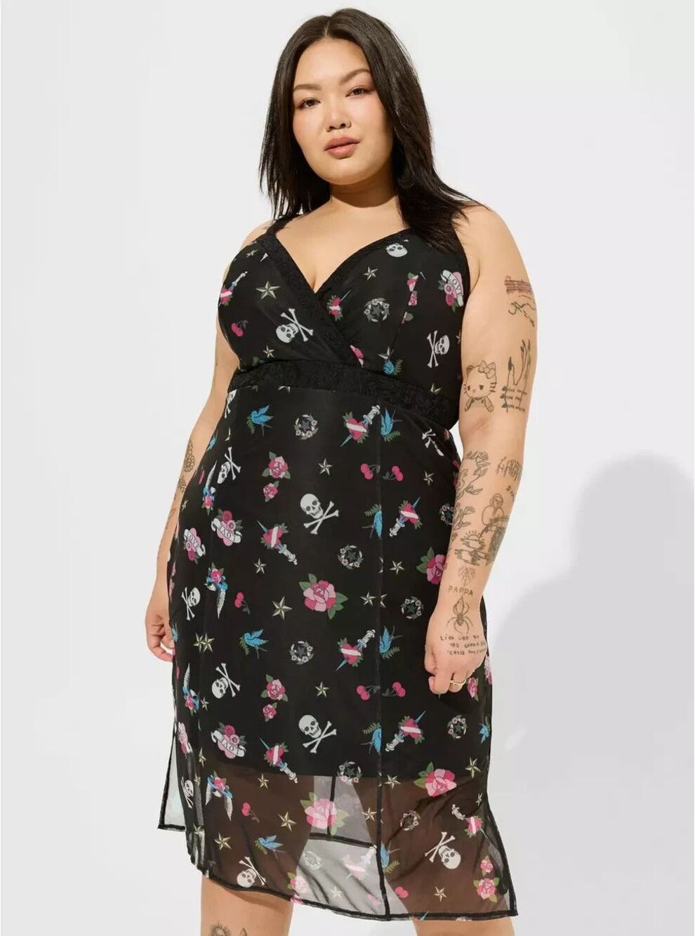 Betsey Johnson x Torrid Mesh Tattoo Midi Slip Dress PLUS 2X Lace Straps Skull BG - Picture 4 of 11